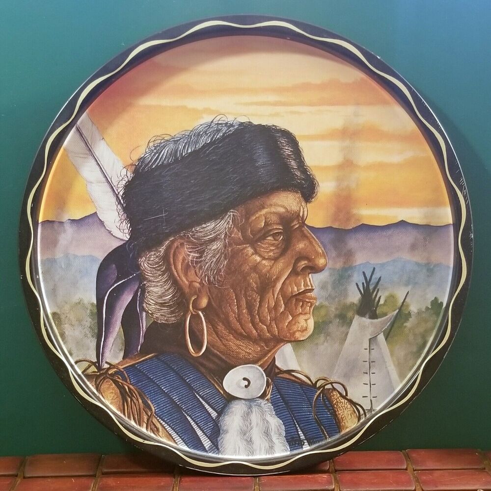 Vintage Native American Indian Metal Cocktail Serving Tray 11" Diameter